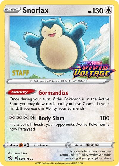 Snorlax (SWSH068) (Staff Prerelease Promo) [Sword & Shield: Black Star Snorlax (SWSH068) (Staff Prerelease Promo) [Sword & Shield: Black Star